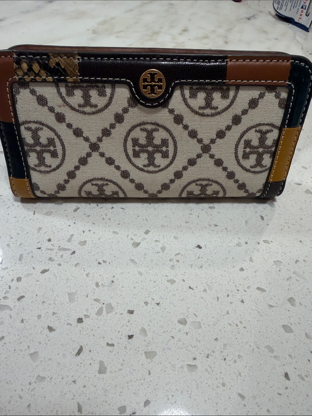 Tory Burch Monogram Beige Canvas Wallet with Brown and Mustard Trim